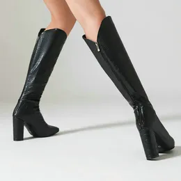 Boots Chic Crocodile Skin Match Pu Knee-High Fashion Modern Womans Chaussures zipper Bloc arrière High Heels Beige Elegant Warm