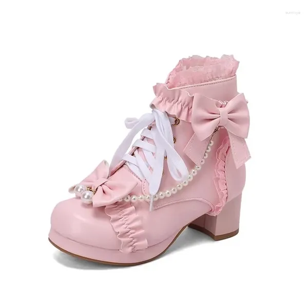 Botas Niños de tobillo Girls Princess Shoes Fashion Bow Pearl Lace-Up Heels High Kids Baby Pink White White 2A