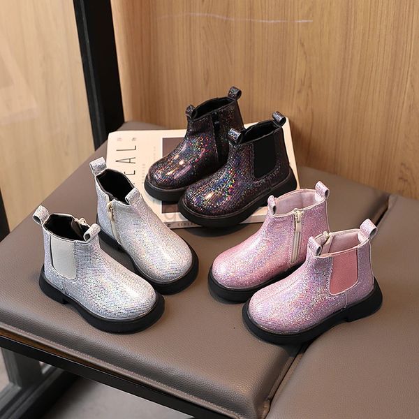 Boots Enfants Chelsea Boots Paillette Sparkly Tri Color Stubby Girl Automn Boot Short Zipper Ankle High 21-30 Fashion Child's Shoe 231027