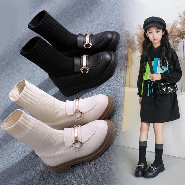 Botas niños moda tobillo niñas zapatos princesa rendimiento negro beige calcetín bebé forro felpa niño niños 3c