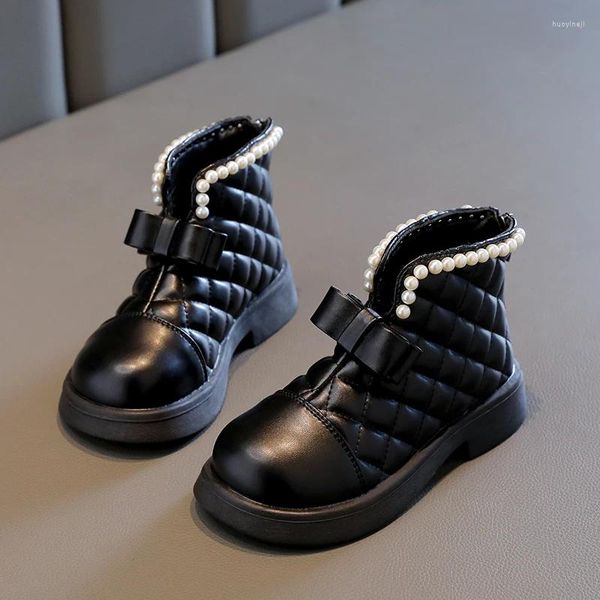 Botas niños moda niñas perlas cortas arco costura 2024 casual princesa tobillo PU antideslizante gota simple lindo