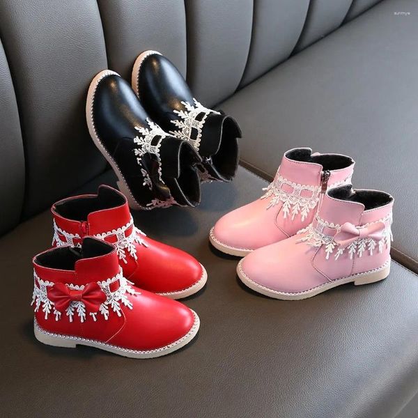 Bottes Enfants Infant Enfants Bébé Filles Dentelle Bowknot Princesse Zip Chaussures Courtes Couleurs Mélangées Caoutchouc