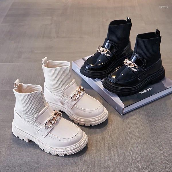 Bottes d'automne en cuir pour enfants, chaussures plates pour bébés filles de 2 à 12 ans, vêtements d'extérieur, plateforme, chaînes métalliques, chaussettes tricotées pour enfants