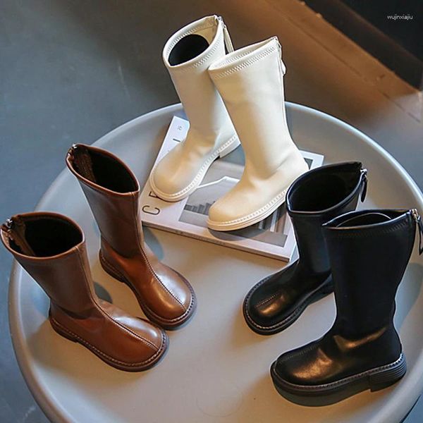 Botas niños PU cuero para niñas princesa antideslizante elegante Casual media pantorrilla moda clásica Color sólido zapatos para niños invierno