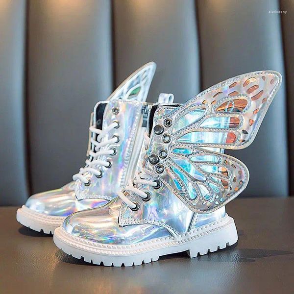 Botas Moda para niños 2024 Spring Girls Martin Colorful Butterfly-Nudo Wings Mid-Becerro Zapatos Altos Princesa