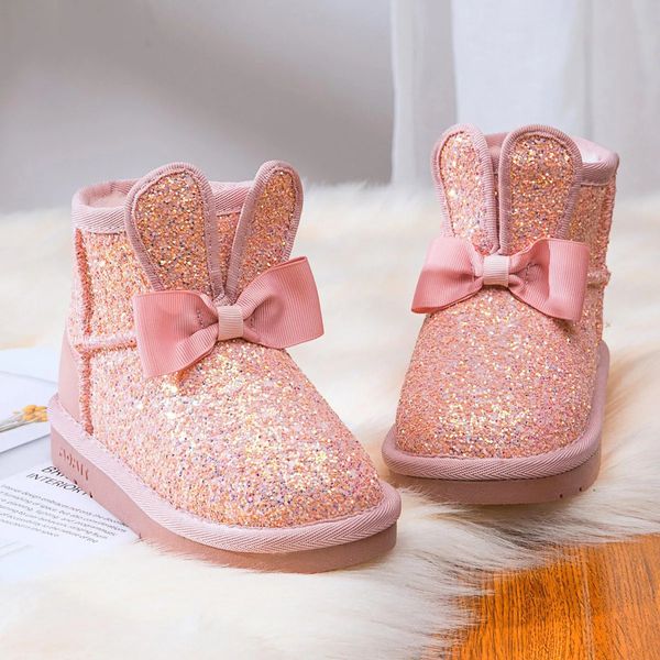 Bottes Bottes de neige pour enfants filles fourrure de lapin chaud bébé coton chaussures de sport paillettes en cuir véritable princesse mode y231122