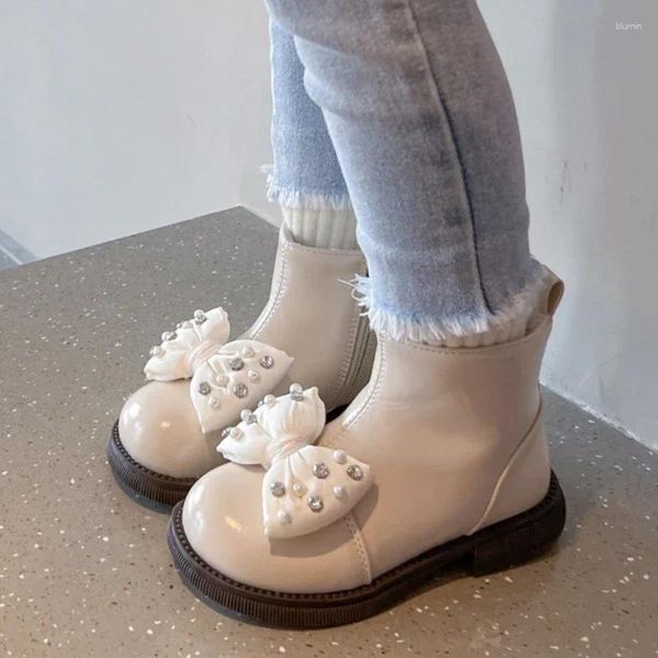 Botas de invierno para niños, dulce princesa, bota corta de algodón, moda, perla, lazo, zapatos cálidos de felpa para niños, antideslizantes