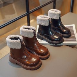 Bottes enfants hiver couleur unie plate-forme avant fermeture éclair enfants mi-mollet mode 2636 noir marron unisexe garçons filles chaussures 231216
