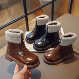 Bottes enfants hiver couleur unie plate-forme avant fermeture éclair enfants mi-mollet mode peluche unisexe garçons filles coton chaussures 231216