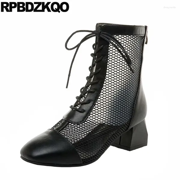 Boots Chinois British Femmes Fall Summer Noir Chunky Shops Sexy Chaussures Sandales Front Lace Up Casual Ankle Automne Mesh Cut Out out