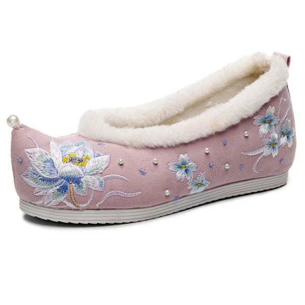 Boots Style Chinese Femmes Flats Lotus brodés classiques rétro Hanfu Chaussures perles en tissu Soft ballets femme