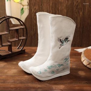 Botas de estilo tradicional chino para mujer, tela Hanfu, zapatos bordados individuales altos, tela para mujer, aumento de lujo