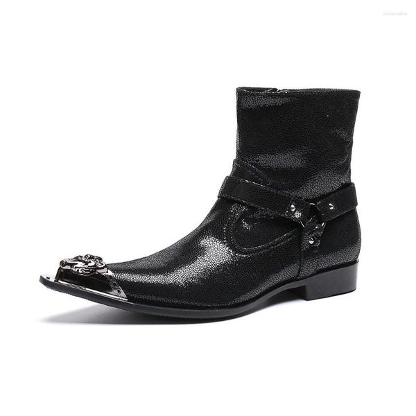 Bottes Christia Bella Boucle Solide Hommes Chaussures En Cuir Véritable Mode Métal Bout Pointu Grande Taille Fermeture À Glissière Courte