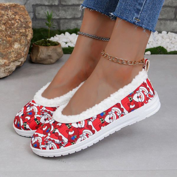 Boots Christmas Sneakers Femme Chaussures en toile chaude en peluche 2024 New Santa Claus Print Locs Fashion Migne Casual Flat Shoes Gift New Year Gift