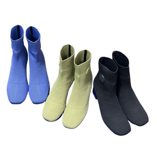 Botas botines de tacón grueso zapatos de diseñador de lujo para mujer tejido de punto elástico botas de moda color sólido tacones altos calcetines botas punta cuadrada al aire libre cómodo