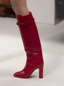 Bottes Chunky Talon Knee High Patent Cuir Custom Made Square Toe Hiden Zip Boot Femmes Braid Strap Arrivas Fashion Arrivas