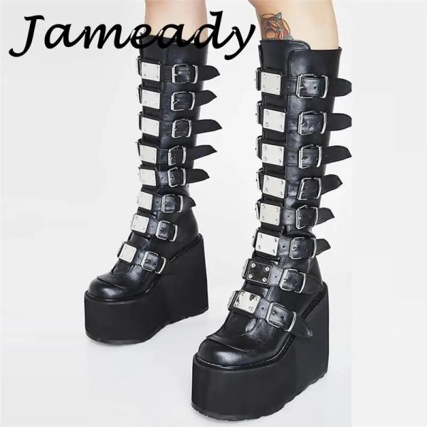 Bottes Chunky Talon Platform High Top Boots STRAP SUPER HIG HIE HEEL CEINS GAUNES HEURS FEME FEME MÉTAL Decoration Bottes de moto