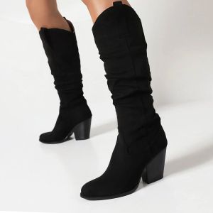 Bottes Chunky Talon Western Boots plissés Cowboy Bottes hautes pointues Retro Femme Botas Mujer Slip on Ladies Casual Automn Wincm Winter Shoes