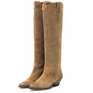 Bottes Talon épais bottes occidentales en daim cuir Cowboy bottes hautes pointues rétro femme Botas Mujer à la main qualité dames chaussures décontractées 220908