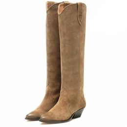 Bottes talon épais Western daim cuir Cowboy haut pointu rétro femme Botas Mujer à la main qualité dames chaussures décontractées 220928