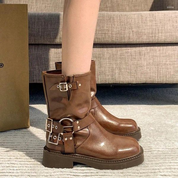 Bottes Chunky Talon Femme British Style Retro Square Square Ankle Sleeve Western Cowboy Knight C1386