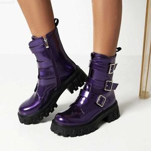 Bottes Talons Chunky Moto Boucle Bottes Femmes Bottine Femme En Cuir Verni Noir Violet Plat Plate-Forme Semelle Épaisse Bottines Dames L230712