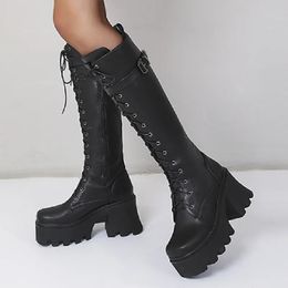 Laarzen Dikke Knie Hoge Laarzen Vrouwen Platform Hakken PU Leer Zwart Retro Punk Lange Laarzen Vrouwelijke Lace Up Winter Schoenen 231108