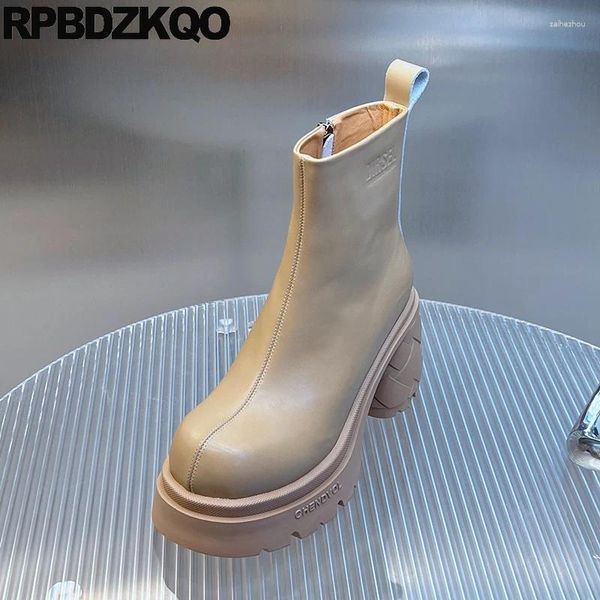 Botas gruesas de piel lisa forradas de invierno zapatos de plataforma de cuero genuino piel de vaca desnuda cremallera lateral mujeres punta redonda tobillo tacones altos sólidos