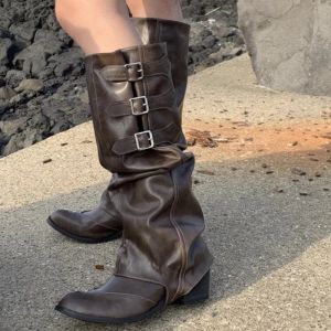 Laarzen dikke geplooide chelsea knie high laarzen vrouwen midden hakken schoenen 2023 winter nieuwe trend gladiator high laarzen pompen motorfiets bota's