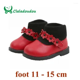 Boots Claladoudou 12-15,5 cm Brand Pu Leather Tricoting Baby Fleur pour le début de l'hiver Velvet en tout-petit Chaussures de cheville rouge