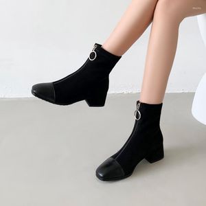 Boots Classic British Vintage Soft Sheep Suede Square Toe gezellige lage hakken Keep warme vrouwen enkel Vrouwelijke mode -elastische sokken laars