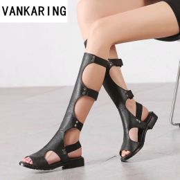 Laarzen klassiek ontwerp mode gladiator zomer sandalen vrouwen knie high laars dames sexy cutouts zwarte laarzen lederen jurk schoenen vrouw