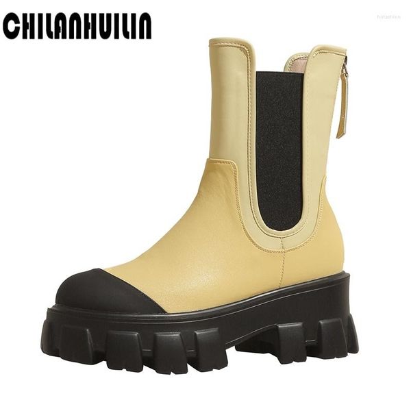 Botas clásicas de cuero genuino elasticidad Otoño Invierno plataforma mujer cuñas calcetín zapatos mujer elegante acogedor señoras tobillo