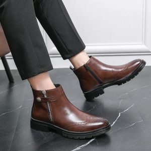 Boots Classic Men Chelsea Boot Dubbele ritsbrogues Round Tenes Heren lederen schoenen Short Boots Fashion Trend Retro