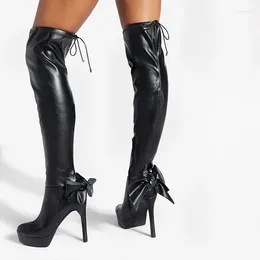 Boots Classic Round Bow Bow CHIGH HIGH STILETTO PLATSORANT THEEL BLACK CHARME GIRLE PUNK Punk Fashion Street Chaussures