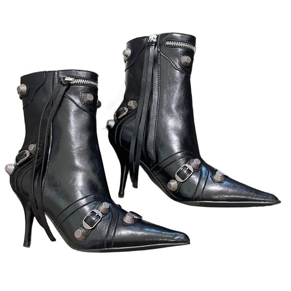 Botas clásicas de tacón alto para mujer, zapatos de diseñador de cuero genuino, zapatos de fiesta con punta en punta, botas de moda con cadena de metal, botines con tacón de aguja y cremallera lateral, color negro sólido