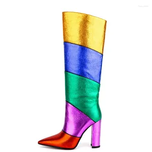 Boots Colors Patchwork Femmes Rainbow Knee High Big Size 44 Chunky Tales Long Boties Custom Ladies Chaussures