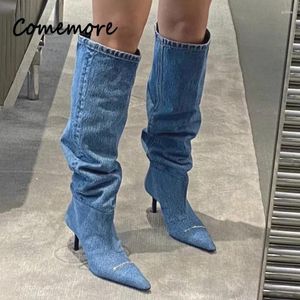 Boots Comemore 2024 automne hiver pointu ponctuels femmes talons gladiateurs moto cowboy knee high mujer zapatillas