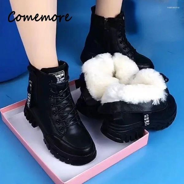 Bottes commémore Casual Autumn High Heels Chaussures de zipper Boot de plate-forme de laine chaude pour femmes Botas noires 2024 Fourrure d'hiver