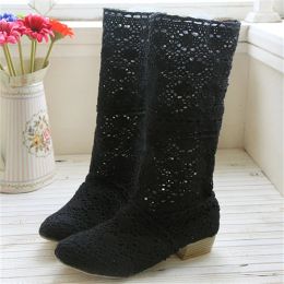 Boots comemore été 2021 Nouvelles chaussures en maille dentelle à talons bas crochets bottes beige fashion creux de la botte de la femme de veau moyen 34 43