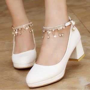 Botas Comemore White Women Wedding Zapatos Cristal Precio Correa de tobillo Zapatos de novia Pombas de ropa de mujer zapatos de fiesta dulces Tallones altos