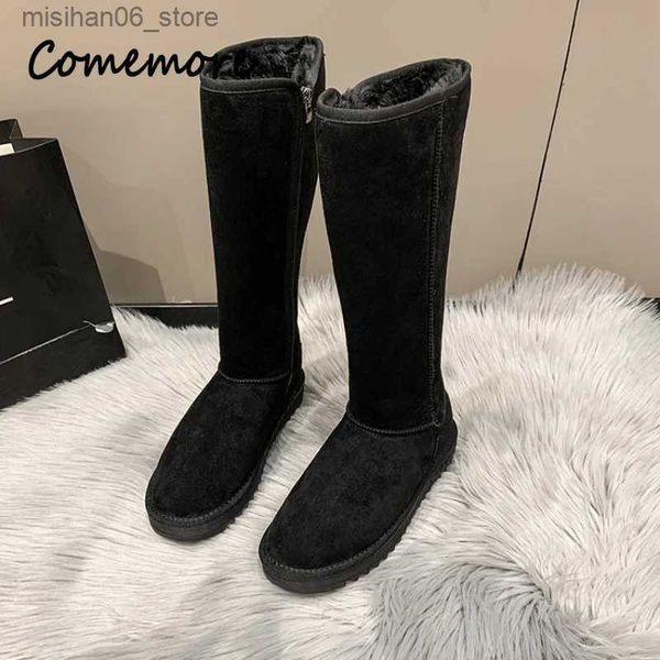 Bottes Comemore hiver fourrure chaude femmes bottes longues en daim genou haute botte de neige 2022 décontracté plate-forme confort femme noir chaussures confortable Q231012