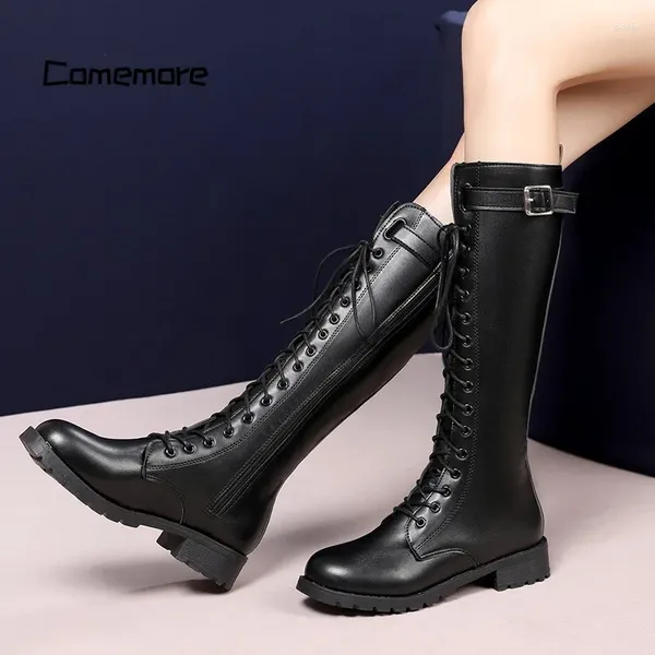 BOTAS Comemore Women 2024 Lace Up Knight Boot Boot Bootle Booties Femenina Femenina Long Autumn Caligh Damas Alto Big Tamaño 43