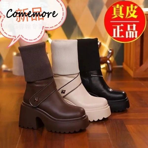 Botas Comemore Mujer Plataforma Cuña Moda Otoño Primavera 8 cm Bloque Tacones Rodilla Zapatos de bota alta 2024 Calcetín Cuero Tejido elástico