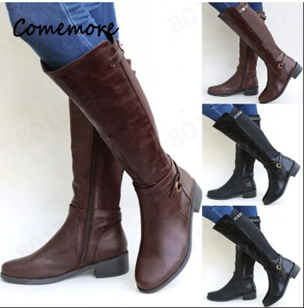 Botas Comemore Hebilla de mujer Caballero largo Botas de combate femeninas Tacones bajos Zapatos Tallas grandes Mujeres Zip Cuero Rodilla Alto 231019