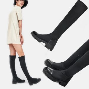 Botas Comemore Women Sock Boots High Boots 2021 sobre la rodilla Botas Slim Stretch Fabric Plataforma de invierno Botas Botas Sexy Shoes Low Heeled 40