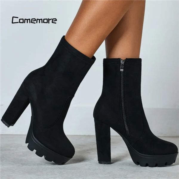 Boots comemore femmes épaisses plate-forme botte d'automne hiver dames gothiques léopard chaussures fashion talons hauts bottes botas mujer 42