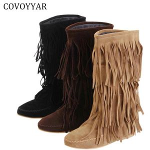 Bottes Covoyyar Hot 3 couches Bottes de frange 2023 Tassel bas à tassel moccasin plat Midcalf Boots plus taille 35 ~ 43 Drop Ship WBS16