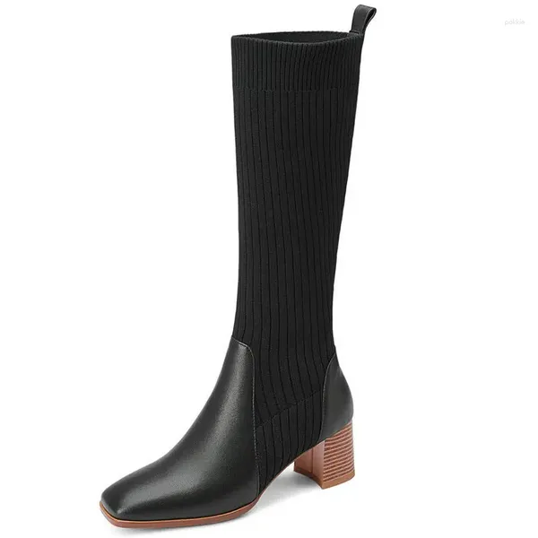 Bottes vache en cuir slim tricot femelle chevauchant des talons hauts chaussures club chaussures femme hiver longs femmes genoue noire abricot