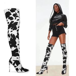 Boots Cow Luipard Long Boots Dames Hoge hak Boot Pointed Teen Sexy Club Shoes Dij High Over-the-Knee Boots 230314